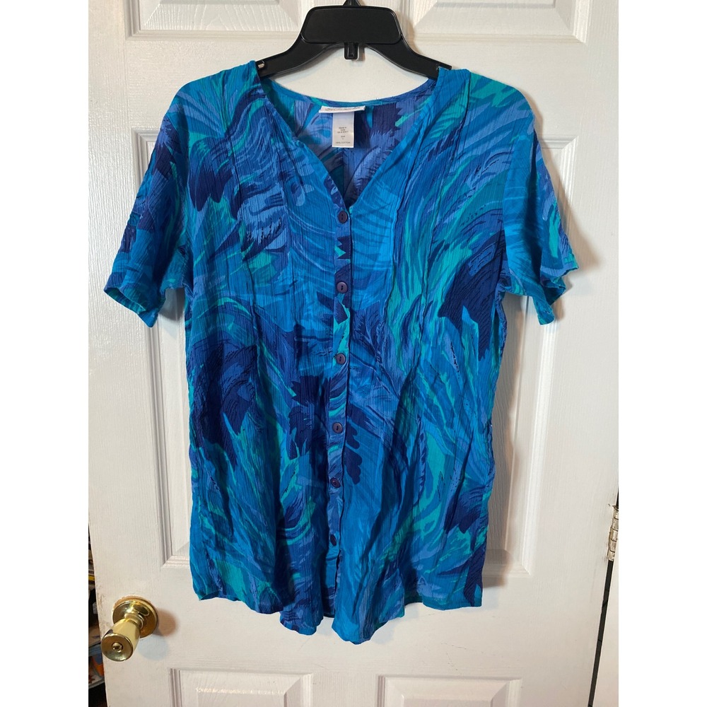 Serengeti Blue Tropical Leaf Print Button Front Cotton Blouse Top Womens Large
